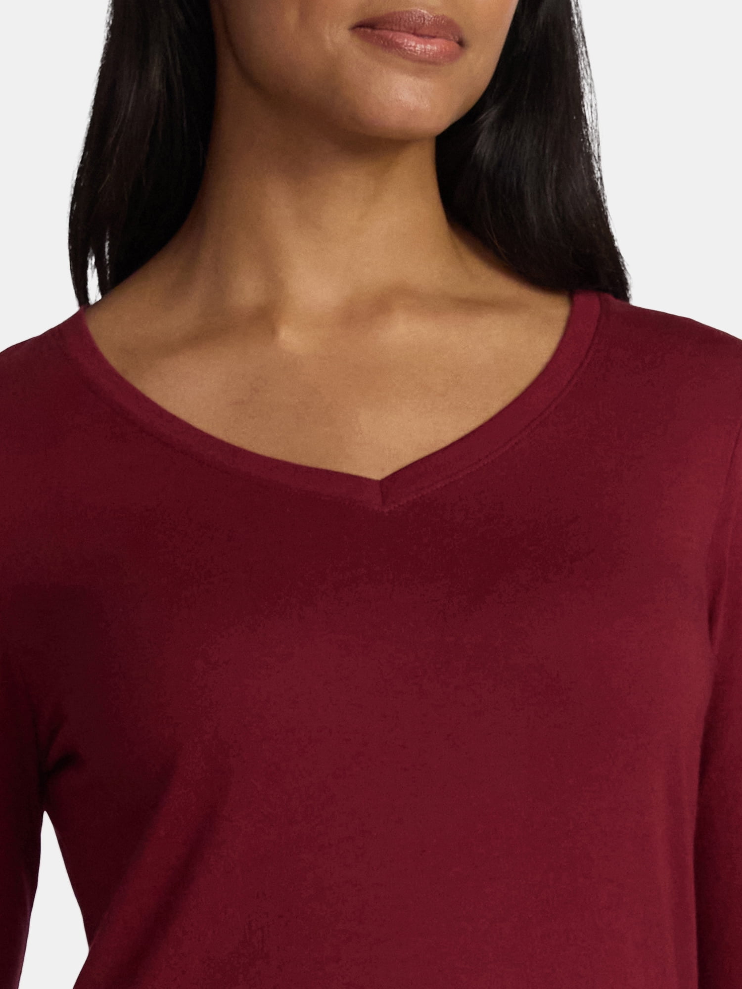 Time and Tru Women's Cotton V-Neck Tee with Long Sleeves, Sizes XS-XXXL