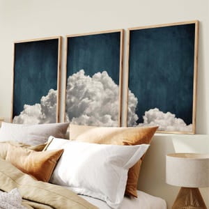 Dark Blue Bedroom Wall Art Over the Bed, Cloud Poster, Set of 3 Prints, Zen Above Bed Decor, Moody Bedroom Decor, Calming Dreamy Art, Poster Only