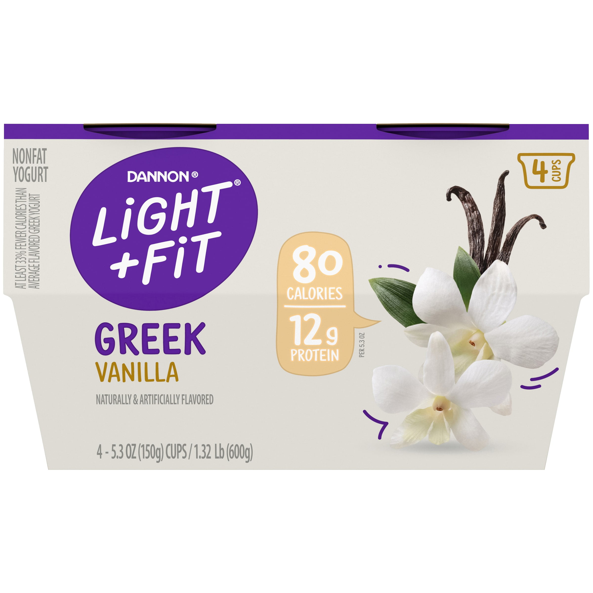 Light + Fit Nonfat Gluten-Free Vanilla Greek Yogurt, 5.3 Oz. Cups, 4 Count, Packaging May Vary