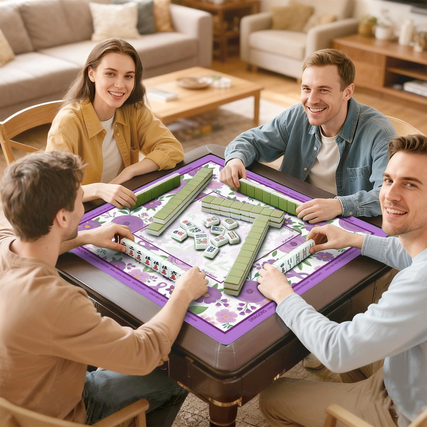 Flower Mahjong Mat with Rules, 31.5*31.5in Anti Slip American Mahjong Mat for Table, Noise Reduction, Neoprene Mah jongg Mats with Carrying Bag & 3 Dices, Mahjong Set Gift, Board Tile Games Mats
