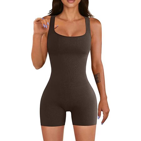 

YUUZONE Women Yoga Romper Workout Ribbed Square Neck Summer Casual Seamless Top Jumpsuit