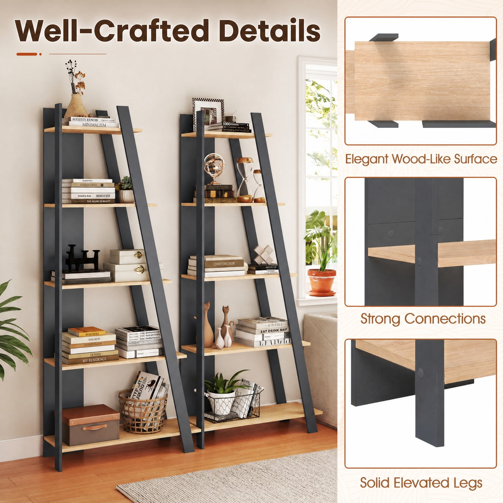 Furnibear 5-Tier Modern Bookshelf Narrow Vertical Display Shelf for Small Space for Living Room Home Office Bedroom Display Storage Shelf, Gray