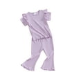 thumbnail image 2 of Musuos Toddler Girls Spring Outfits 1-5T Fly Sleeve Solid Color Rib T-Shirts Tops Elastic Waist Flare Pants 2Pcs Clothes Set, 2 of 10