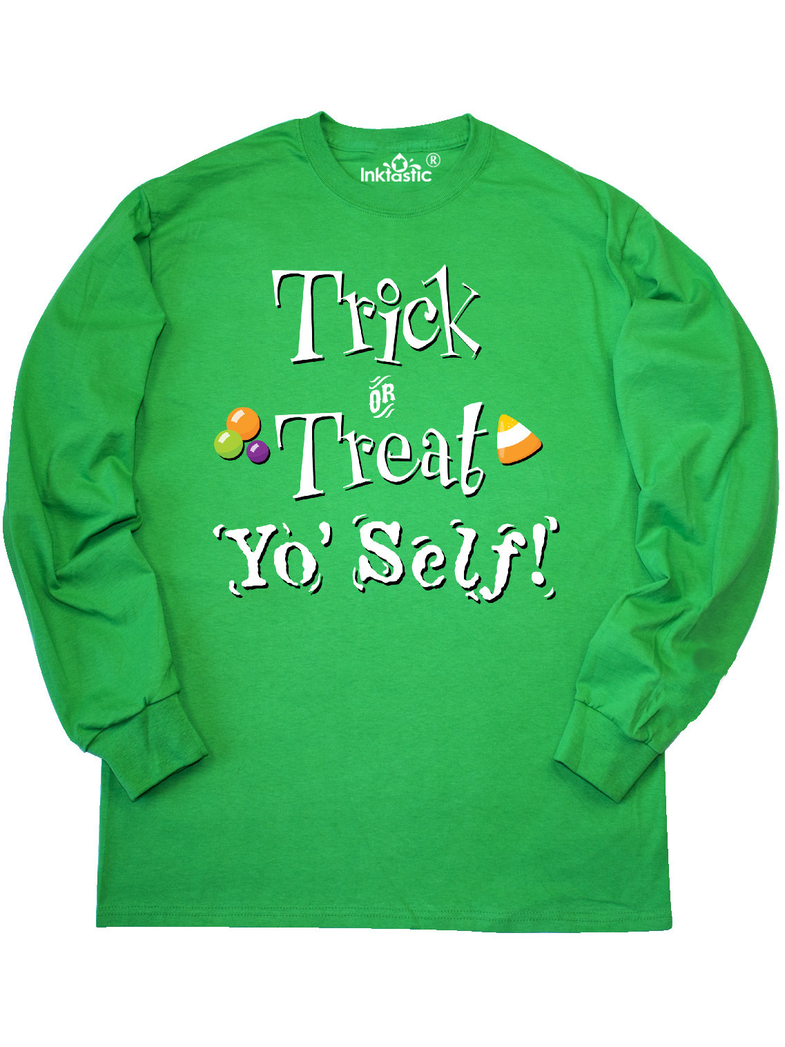 Inktastic Trick Or Treat Yo Self With Candy Corn Adult Long Sleeve T Shirt Male Kelly Green Xl Walmart Com