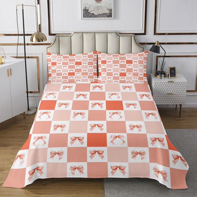 Erosebridal Orange Bowknot Bedspread Sets Twin Size,Plaid Patchwork Bed Quilt,Geometry Decor,2-Piece