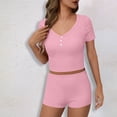 thumbnail image 6 of PNTUTB Women's Solid Color V Neck Slim Short Sleeve Cropped Top with Stretch Shorts Casual Activewear Set, 6 of 6
