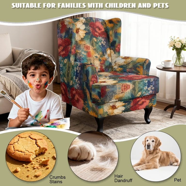 Psesaysky Vintage Floral Wingback Chair Slipcovers with Spandex Fabric ...