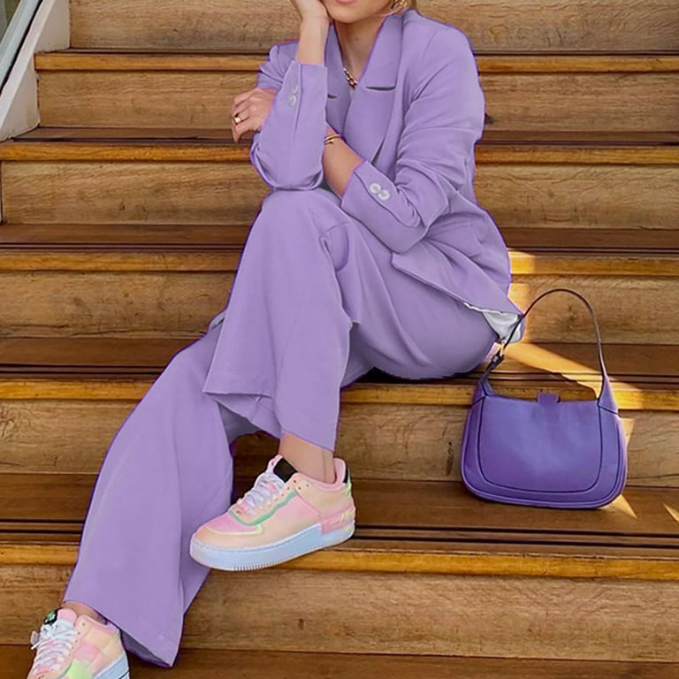 Women 2 Piece Outfits Suits Set Long Sleeve Button Blazer High Waisted  Pants Jumpsuit For Business Ladies Suit Purple L 