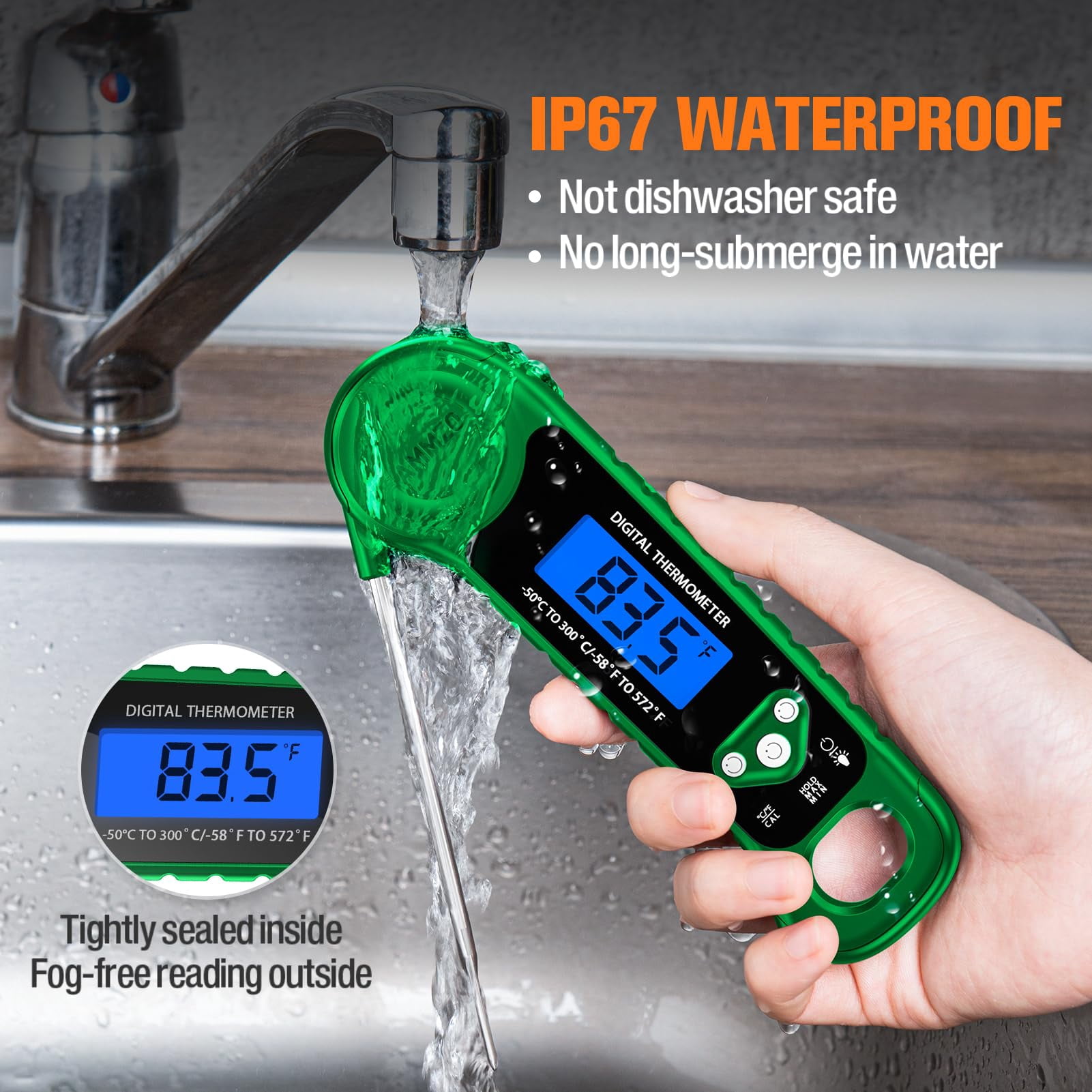 Digital Food Thermometer Green Instant Read Waterproof with Backlight for Grilling Cooking