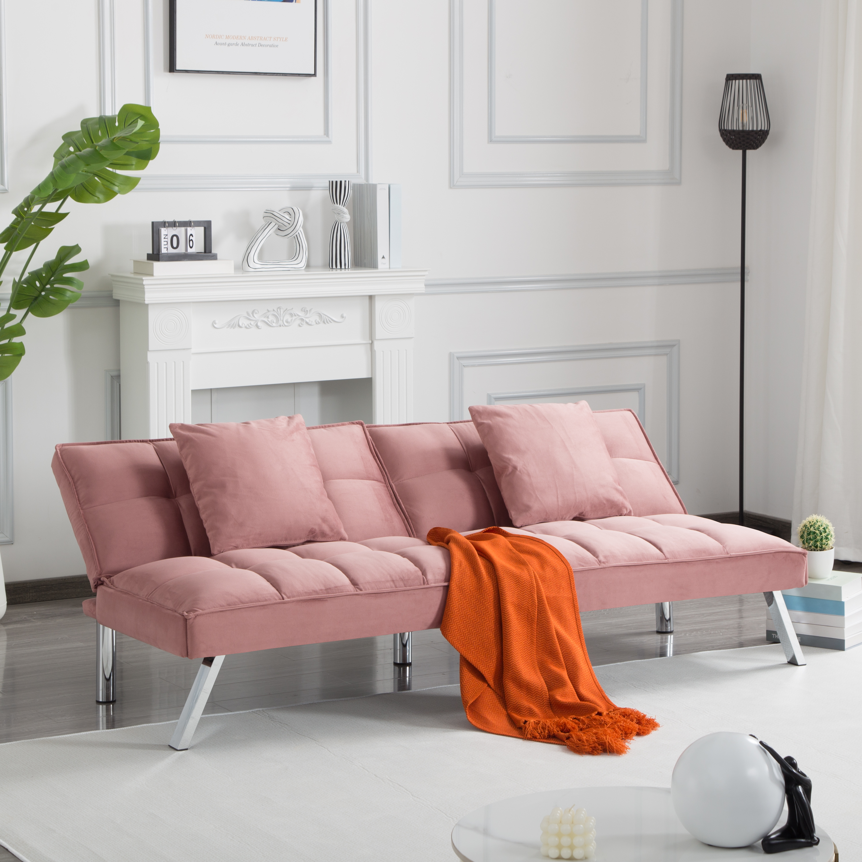 Gewnee Rose Red 67.7” Velvet Futon Sofa Bed, Modern Love Seat with Adjustable Backrest, 2 Throw Pillows, Suitable for Home, Office & Guest Room