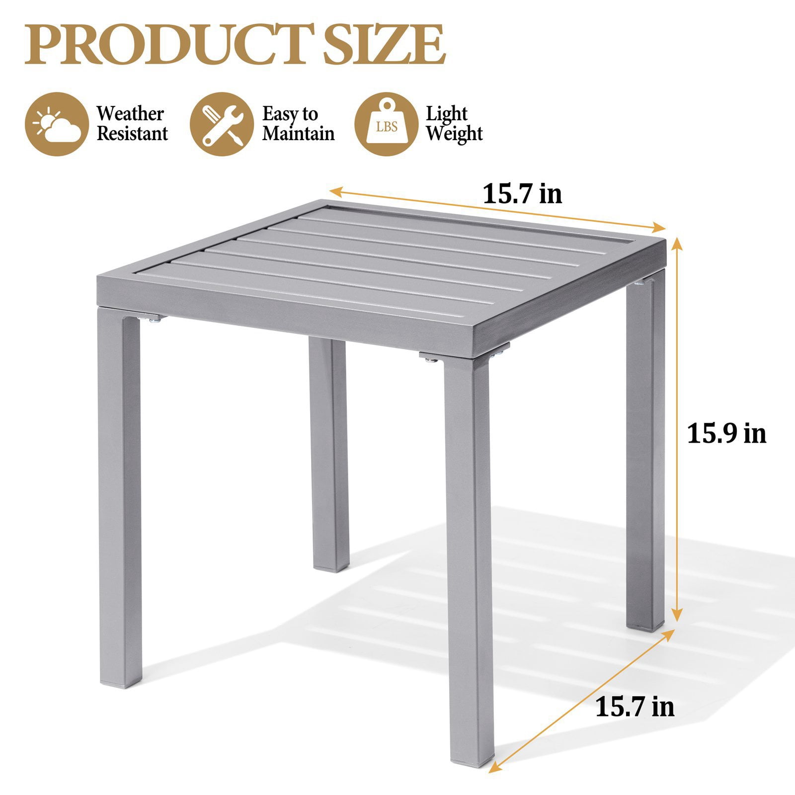 Pellebant 16" Outdoor Side Table Set of 2, All-Weather Square Metal Patio End Table for Garden, Porch, Deck, Backyard, Grey