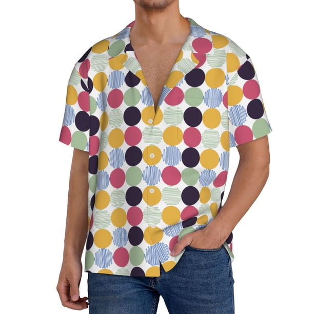 Balery Polka Dot Camisa Casual de Manga Corta con Botones para Hombre, Texturizada, Estilo Cubano, para Playa, Verano-XX-Large