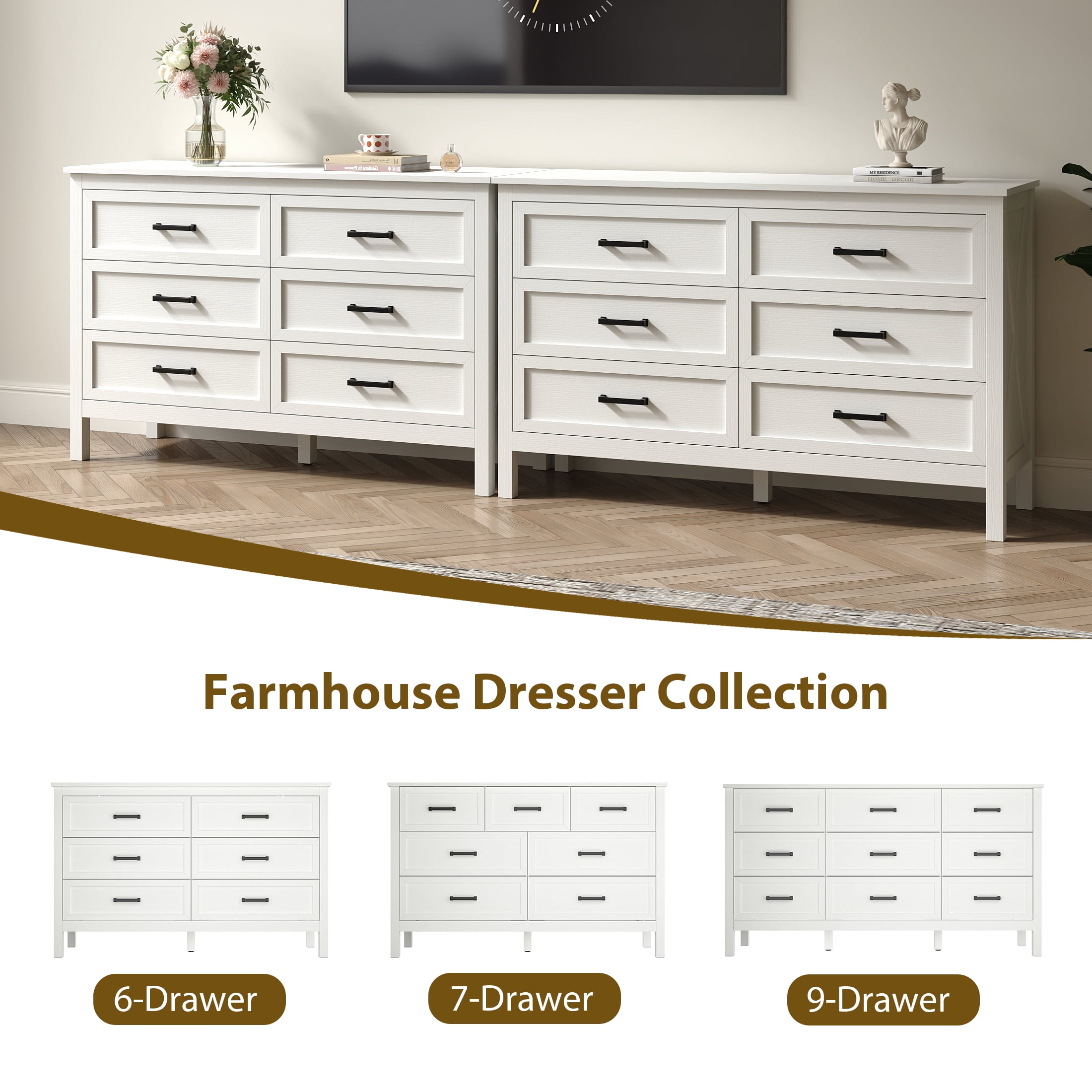 YouTrend 9 Drawer Farmhouse Dresser,Wood Adult Rustic Chest of Drawer with Metal Handles for Bedroom Living Room Hallway,Natural White