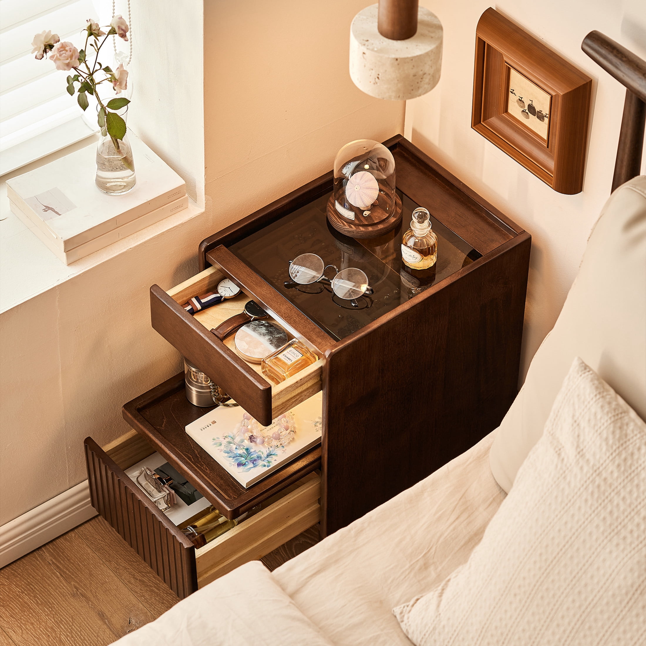 Noble House Solid Wood Nightstand with Glass Top, Narrow Bedside Table with Drawer and Open Shelf, Walnut