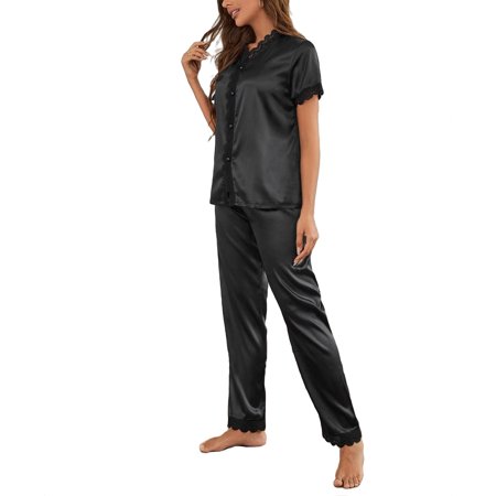 

Women s Pajama Sets Black Elegant Plain V neck Pant Sets Short Sleeve