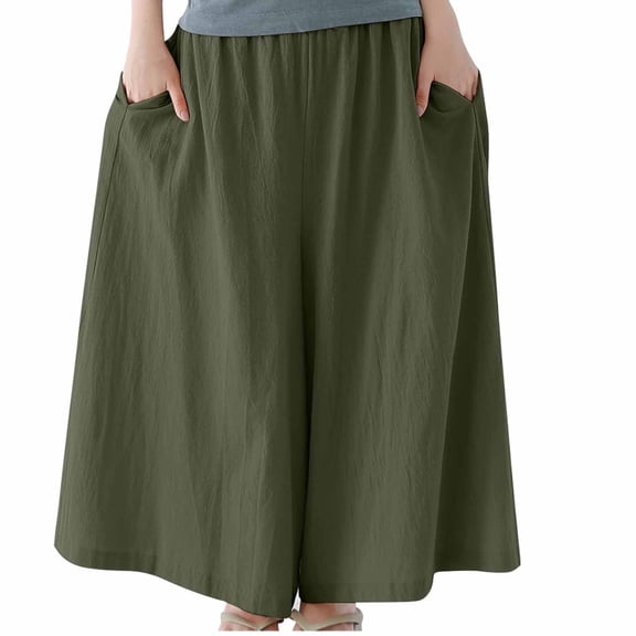Juslio Women Linen Pants Casual Culottes Elastic Waist Linen High,Waist Wide Leg Pants Free Size