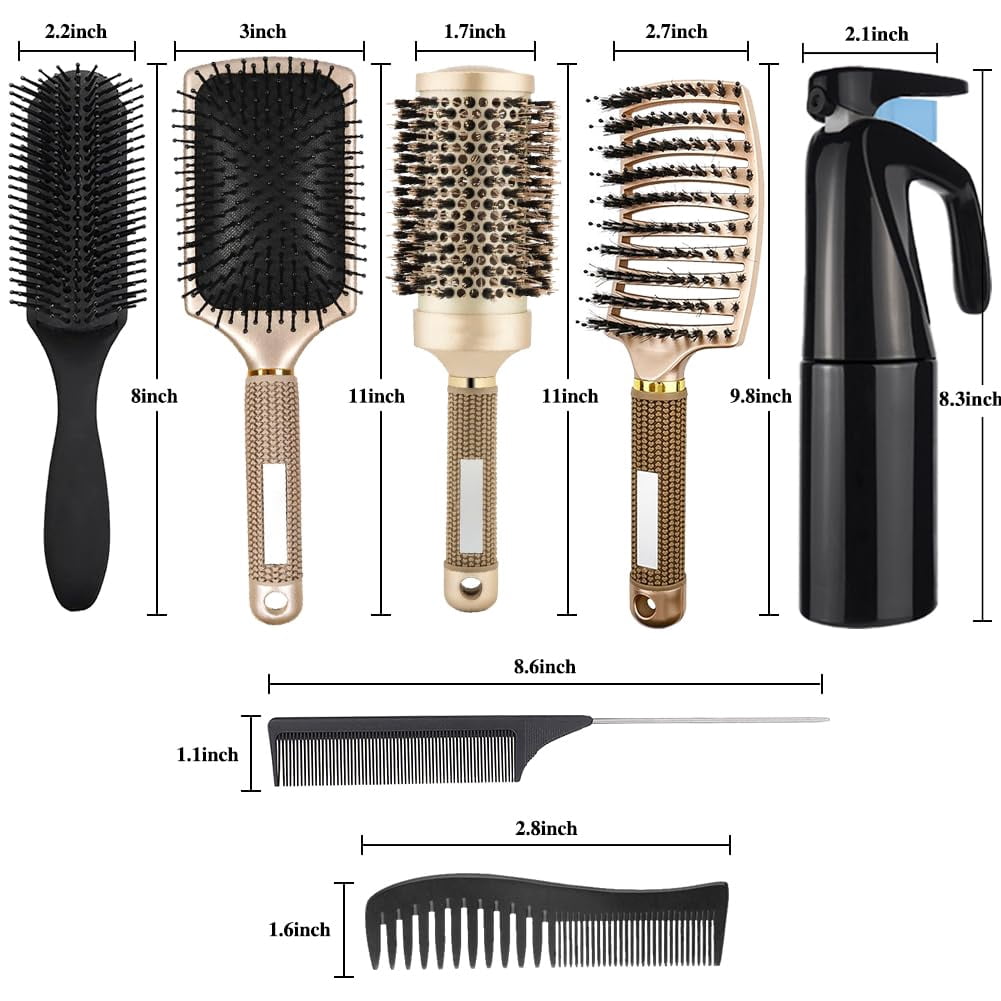 Complete Curly Hair Brush Set 8Pcs: Round & Paddle Brushes for Detangling Wet Thick Hair