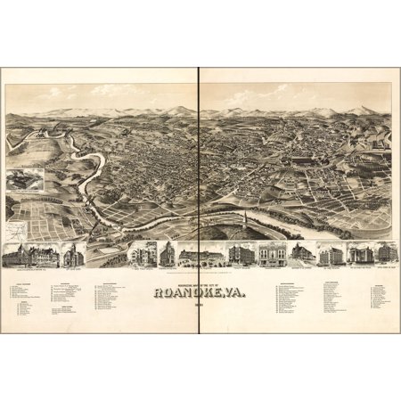 24"x36" Gallery Poster, birdseye view map of Roanoke, Virginia 1891