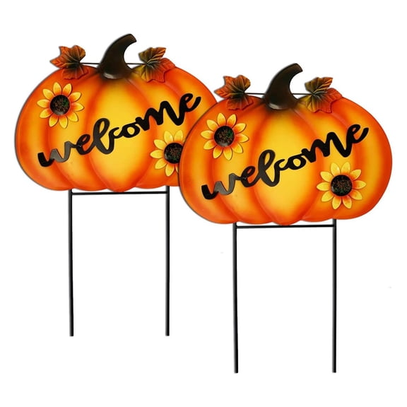 Rustic Metal Pumpkin Garden Stake Outdoor Fall Decoration for Home Standing Metal Pumpkins Yard Stake for Fall Harvest Decor Thanksgiving Lawn Decoration-Set of 2