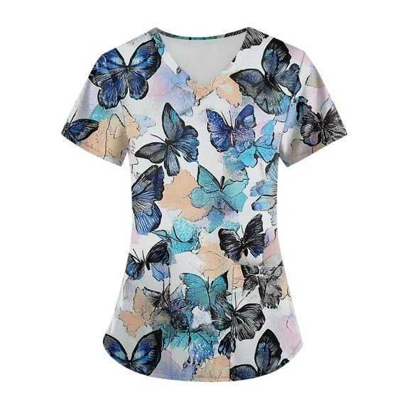 Ydkzymd Scrubs for Women Tops Plus Size Butterfly Prints with Pockets V Neck Scrub Shirts Plus Size Short Sleeve Holiday Nursing Uniform Prints Workwear Blue 2XL