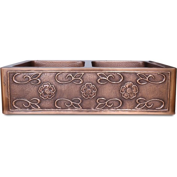 Three Flower Design Copper Undermount Kitchen Sink - Double Bowl 16-Gauge - Perfect For Home, Hotel, Farmhouse - Dimensions 33 X 22 X 9