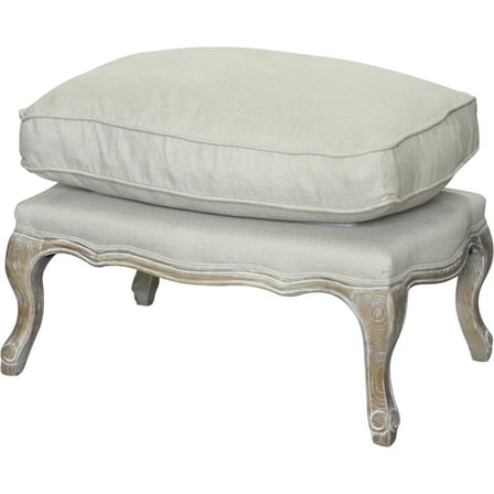 Maklaine 20" Wood Ottoman in Antique White & Beige Linen Fabric