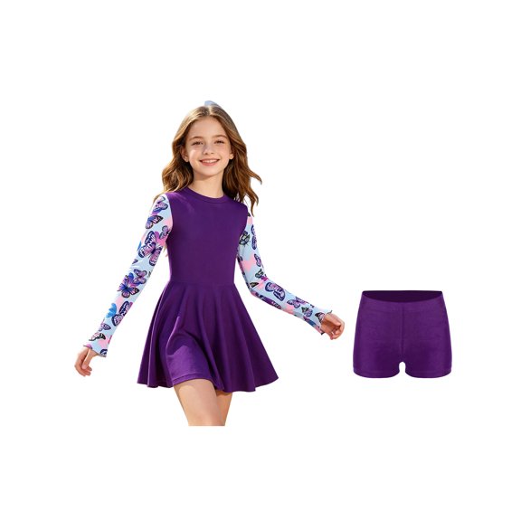 vastwit Kids Girls Swimsuit Printed Long Sleeve Swim Dress with Beach Shorts Rash Guard Swimwear Sets Dark Purple 10