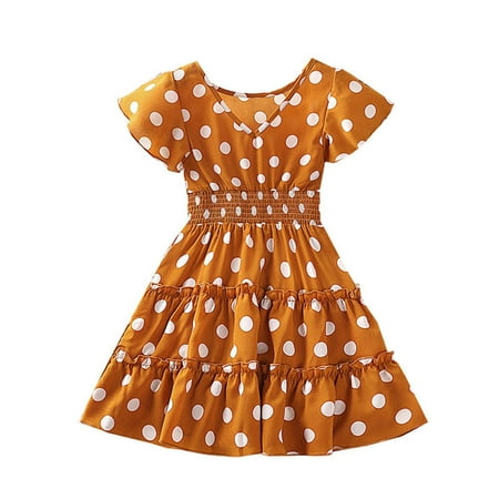 

Pedort Flower Girl Dress Girls Dresses Square Neck Smocked Ruffle Babydoll Boho Tiered Flutter Sleeve A-line Dress Orange 110