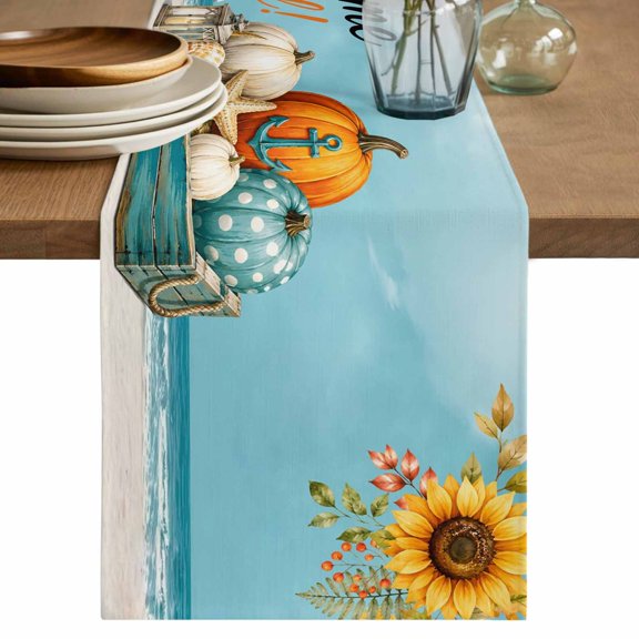 Table Runners 36 Inches Long Dress Scarves, Thanksgiving Coastal Farmhouse Kitchen/Dining Table Decor Table Runner, Short Coffee Tablerunners, Fall Ocean Pumpkin Starfish Sunflowers 13x36 Inch