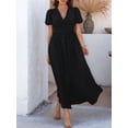 thumbnail image 4 of Women Summer Casual Midi Dress Puff Sleeve V Neck Ruched Button Front Split Boho Beach Vacation Wedding Dresses 2025 Black S, 4 of 8