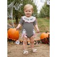 thumbnail image 4 of RUINIXCW Newborn Baby Girl Halloween Outfit Waffled Striped Bubble Romper Letter Ghost Pumpkin Embroidery Print Short Sleeve Smocked Bodysuits Jumpsuits, 4 of 9