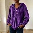 thumbnail image 3 of cocolona Plus Size Velvet Hooded Sweatshirts for Women Button Down V Neck Long Sleeve Hoodies Ruffle Cuff Pleated Fall Winter Tops, 3 of 4