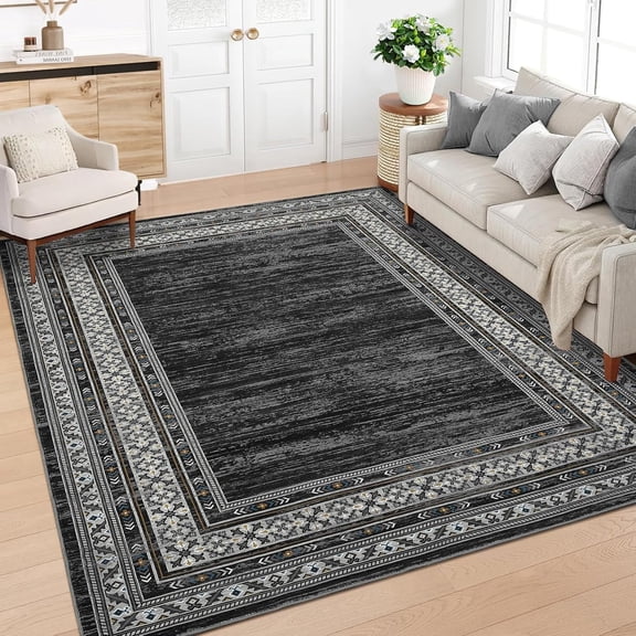 8x10 Washable Non Slip Low Pile Area Rug - Modern Geometric Distressed Black for Living Room Bedroom