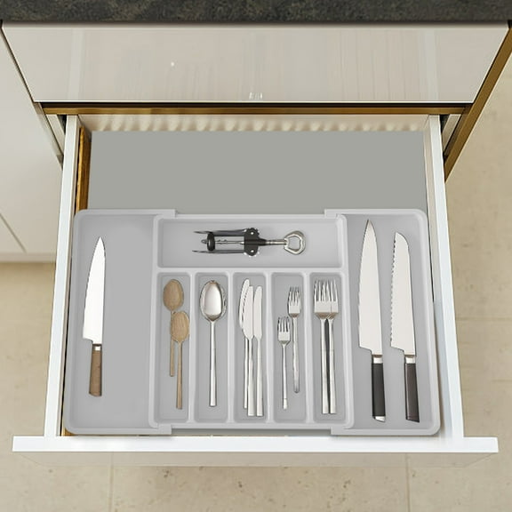 JingChun Silverware Drawer Organizer, Expandable Utensil Tray for Kitchen, BPA Free Flatware and Cutlery Holder, Adjustable Plastic Storage for Spoons forks Knives