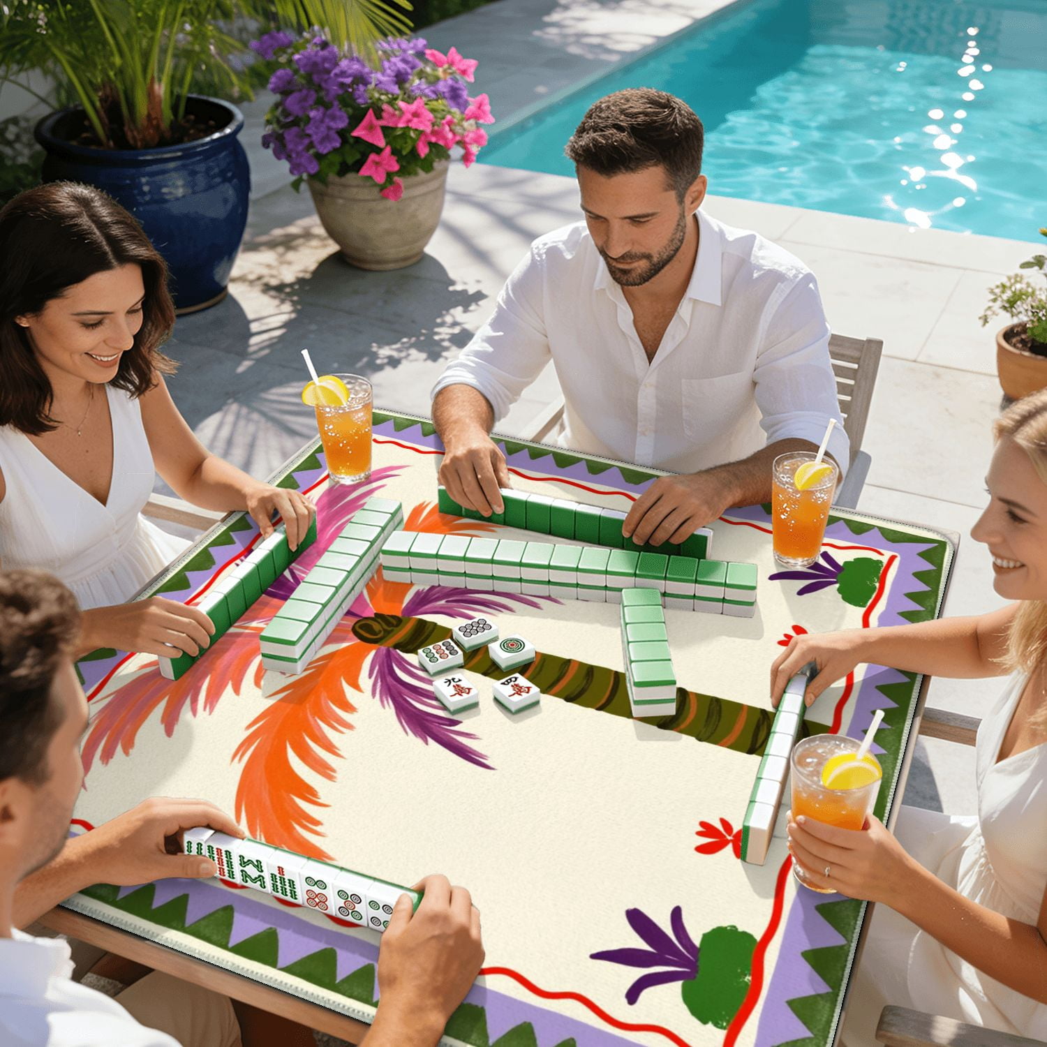 Mahjong Mat 31.5" x 31.5" Colorful Tropical Palm Tree Orange Purple Leaves Decorative Frame Non-Slip Noise Reduction American Mahjong Tiles Table Cover for Dominoes Poker Card Board Games Gift