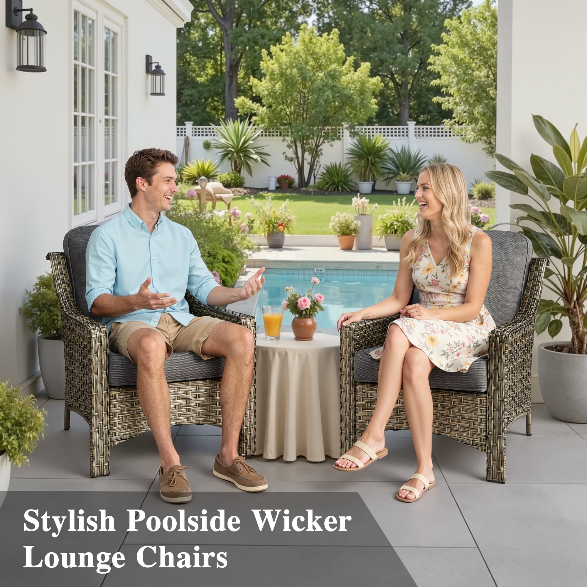 Ovios 4 Pieces Outdoor Furniture Set High Back All-Weather Wicker Patio Conversation Set with Solar Light Coffee Table, Dark Gray