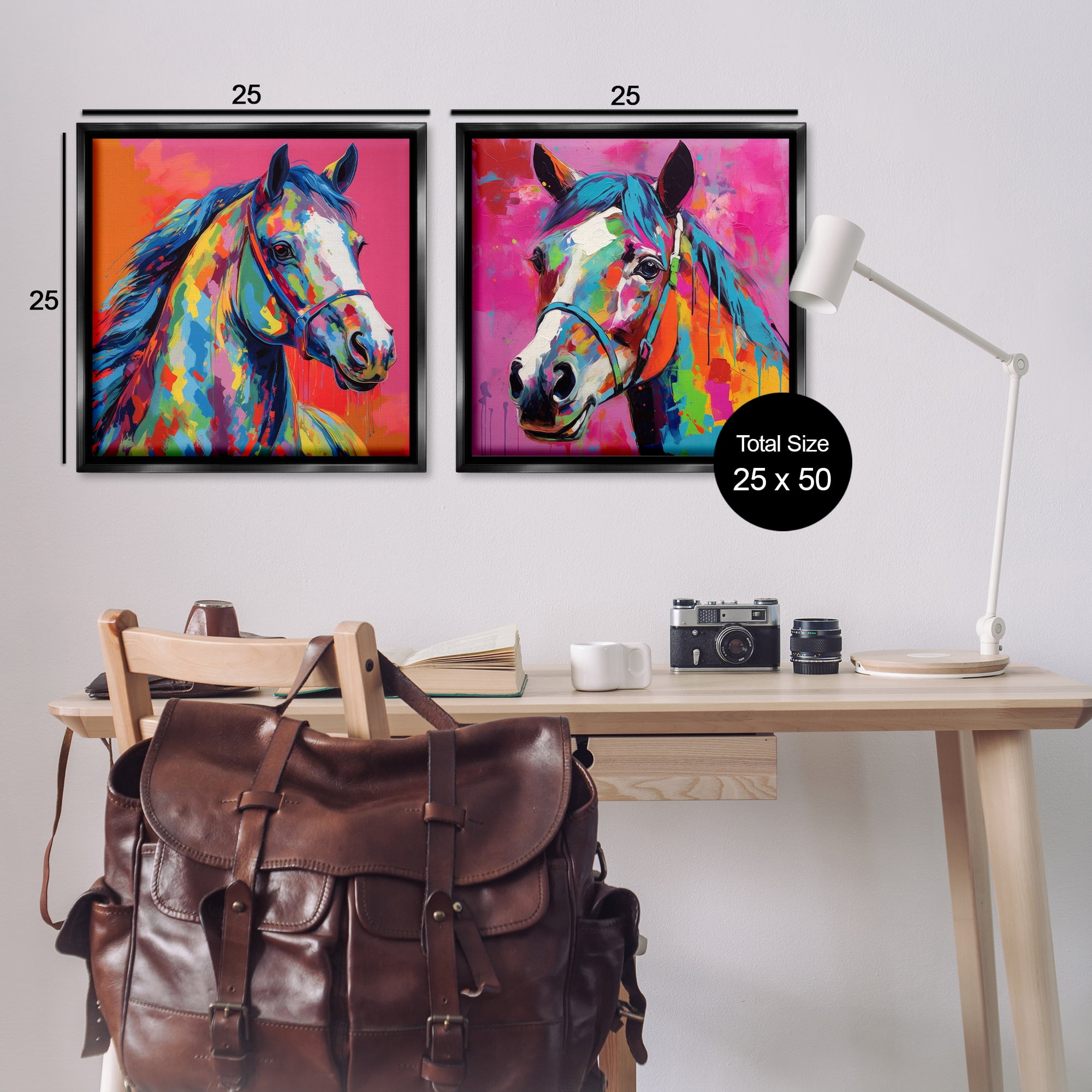 Stupell Industries Bright Neon Horse Portrait Animals Painting Black Floater Framed Canvas Art Print Wall Art, 25 x 25, Set of 2