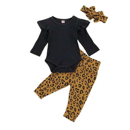 

ZIYIXIN 3Pcs Baby Girl Fall Clothes Ruffle Knitte Romper Bodysuit Leopard Pants