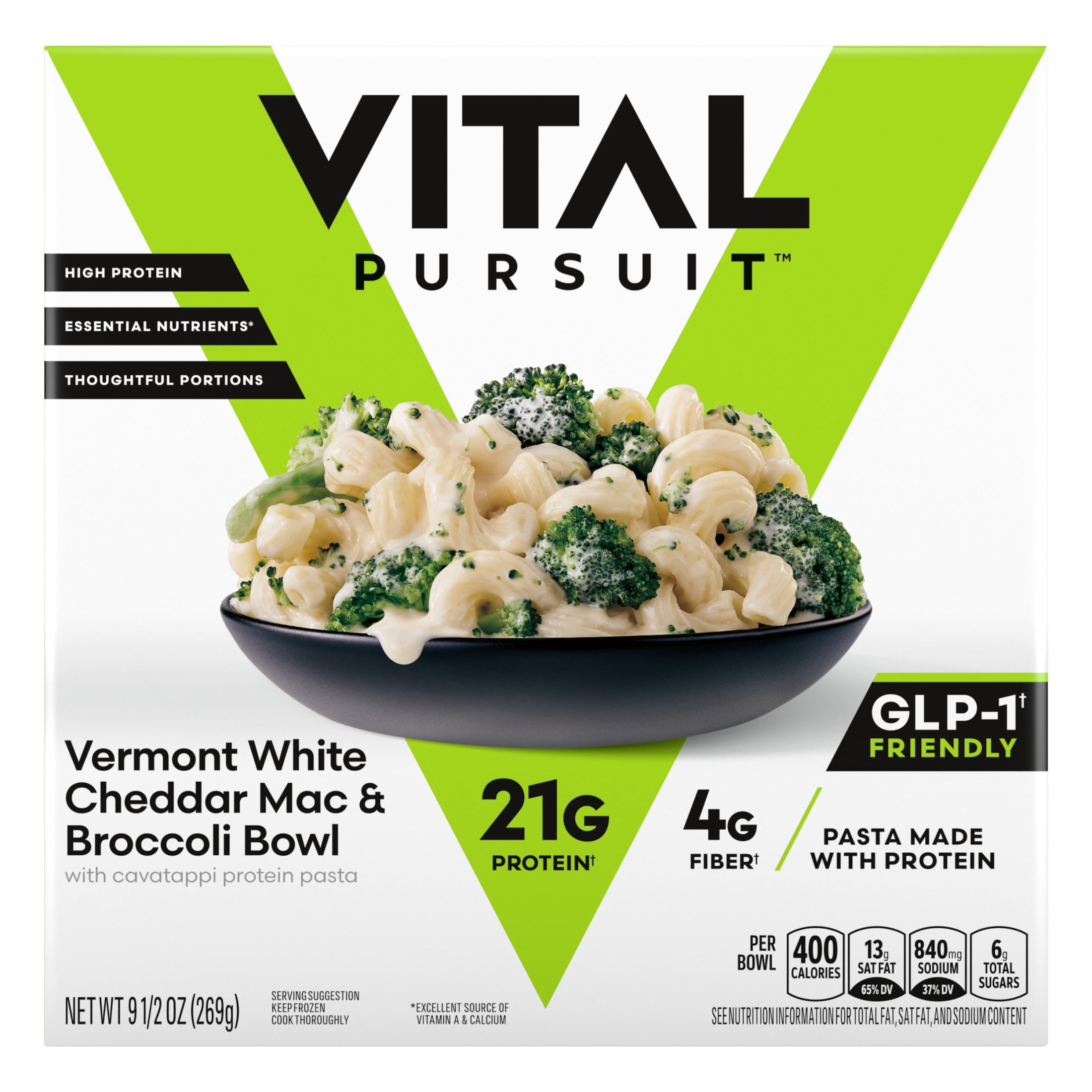 Vital Pursuit White Cheddar Mac & Cheese Broccoli Bowl, High Protein GLP-1 Friendly Frozen Meal, Protein Pasta, 9.5 oz (Frozen)
