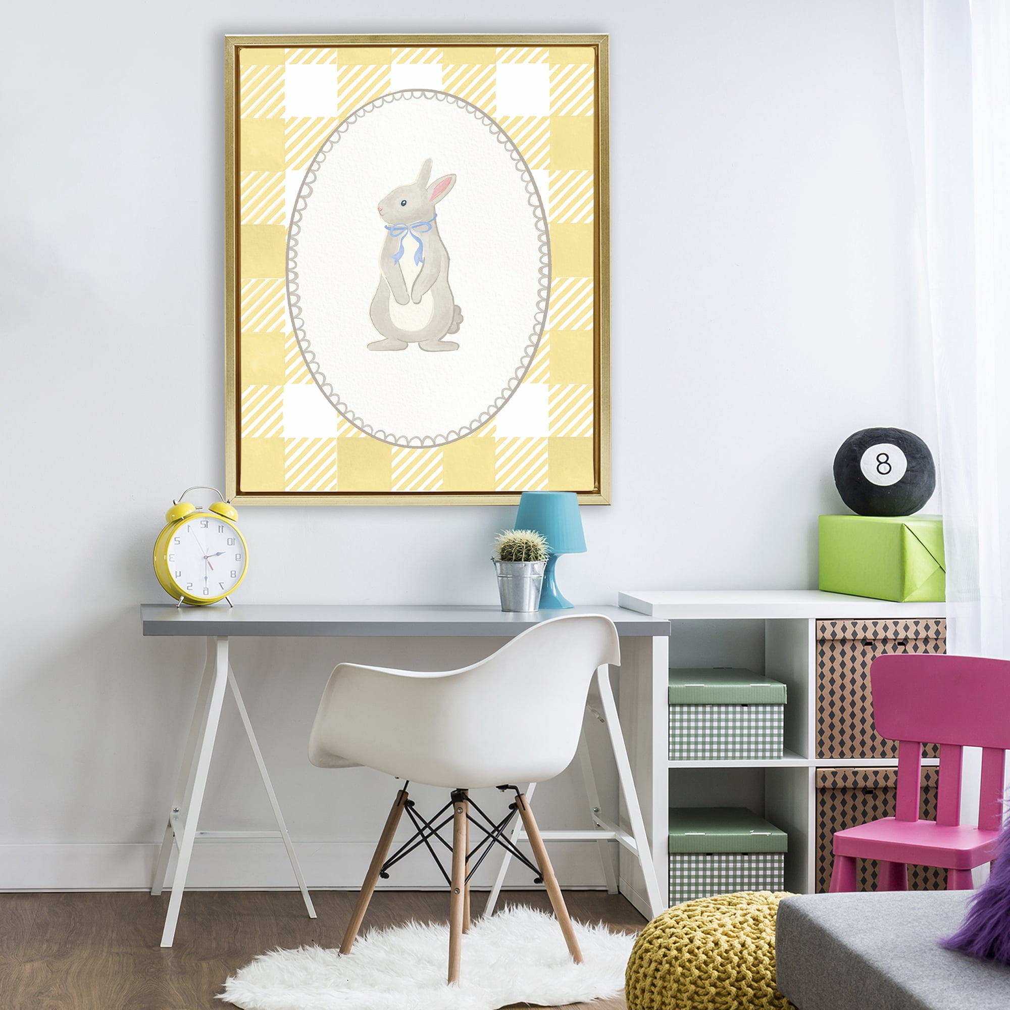 Stupell Industries Little Bunny on Yellow Gingham Gold Framed Floater Canvas Wall Art, design by The Paper Curator