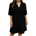 thumbnail image 2 of Twczz Womens Plus Size Cotton Shirt Dresses- Casual Short Sleeve Pleated Button Up Midi Work Dresses Black Size 4XL, 2 of 8