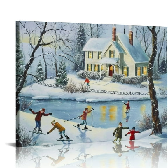 COMIO  A Fine Winter’s Eve Canvas Wall Art Print, Ice Skaters and Sledder with Dog In Front of Victorian Home, Snow-Covered Village Winter Holiday Artwork