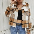 thumbnail image 2 of IROINNID Women's Short Shacket Jacket Plaid Long Sleeve Plaid Single Breasted Plaid Coat Short Coat Hoodless Casual Outwear, Beige, 2 of 5