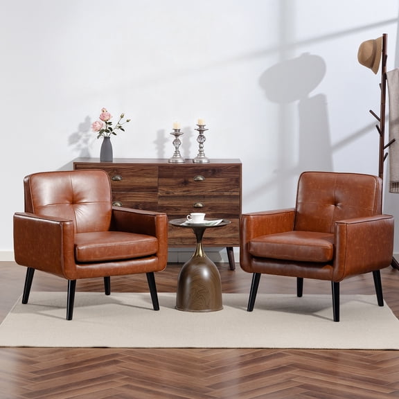 Modern Breathable PU Leather Accent Chair with Arms, Upholstered Lounge Chair For Living room Bedroom Reading Home Office (2PC,Brown)