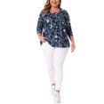 thumbnail image 2 of Blusas de mujer de talla grande con estampado floral, cuello cuadrado, de manga larga, túnica plisada, elegantes y casuales, 3X, azul marino, 2 of 5