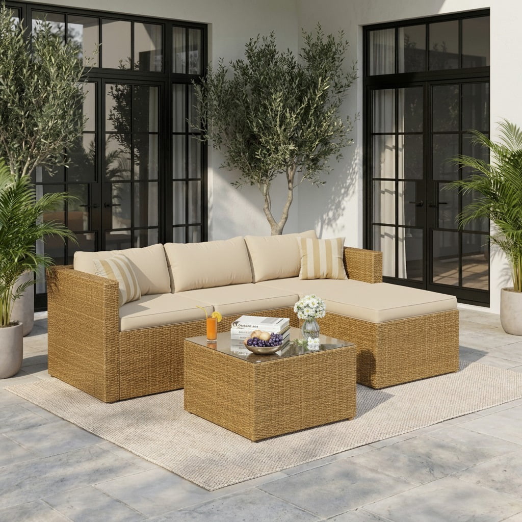 UDPATIO 5-Piece Patio Furniture Set,Outdoor Patio Furniture Set All-Weather Rattan Wicker Patio Conversation Set with Ottoman, Cushions & Glass Table for Garden & Backyard, Cream White