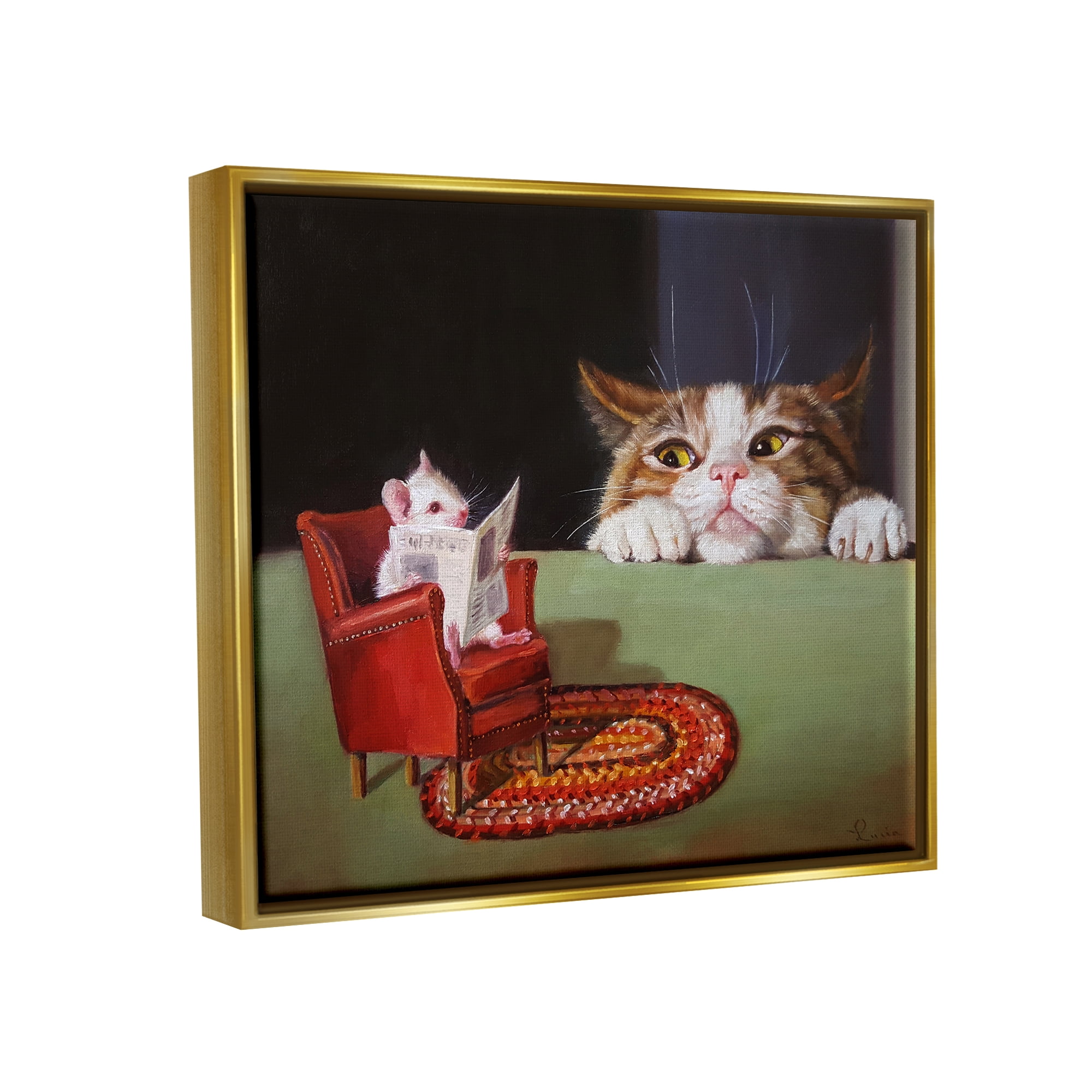 Stupell Industries Manx Cat Watching Mouse Animals & Insects Painting Gold Floater Framed Art Print Wall Art, 31 x 25