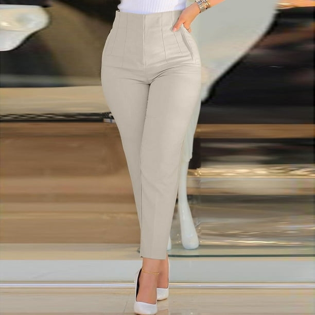 WILLBEST Pantalones Casuales para Mujer, Cintura Alta, Recortados, Lisos, con Cremallera, Holgados, Pierna Ancha, Cintura Elástica con Bolsillos, Estilo de Trabajo de Moda. Extra Chica