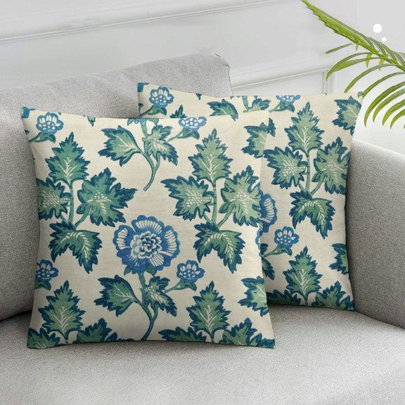 Acheng Sage Green Blue Floral Pillow Covers Set of 2 Spring Flower Leaves Print Decorative Throw Pillow Cases Outdoor Farmhouse Decoration for Sofa Couch Bed White