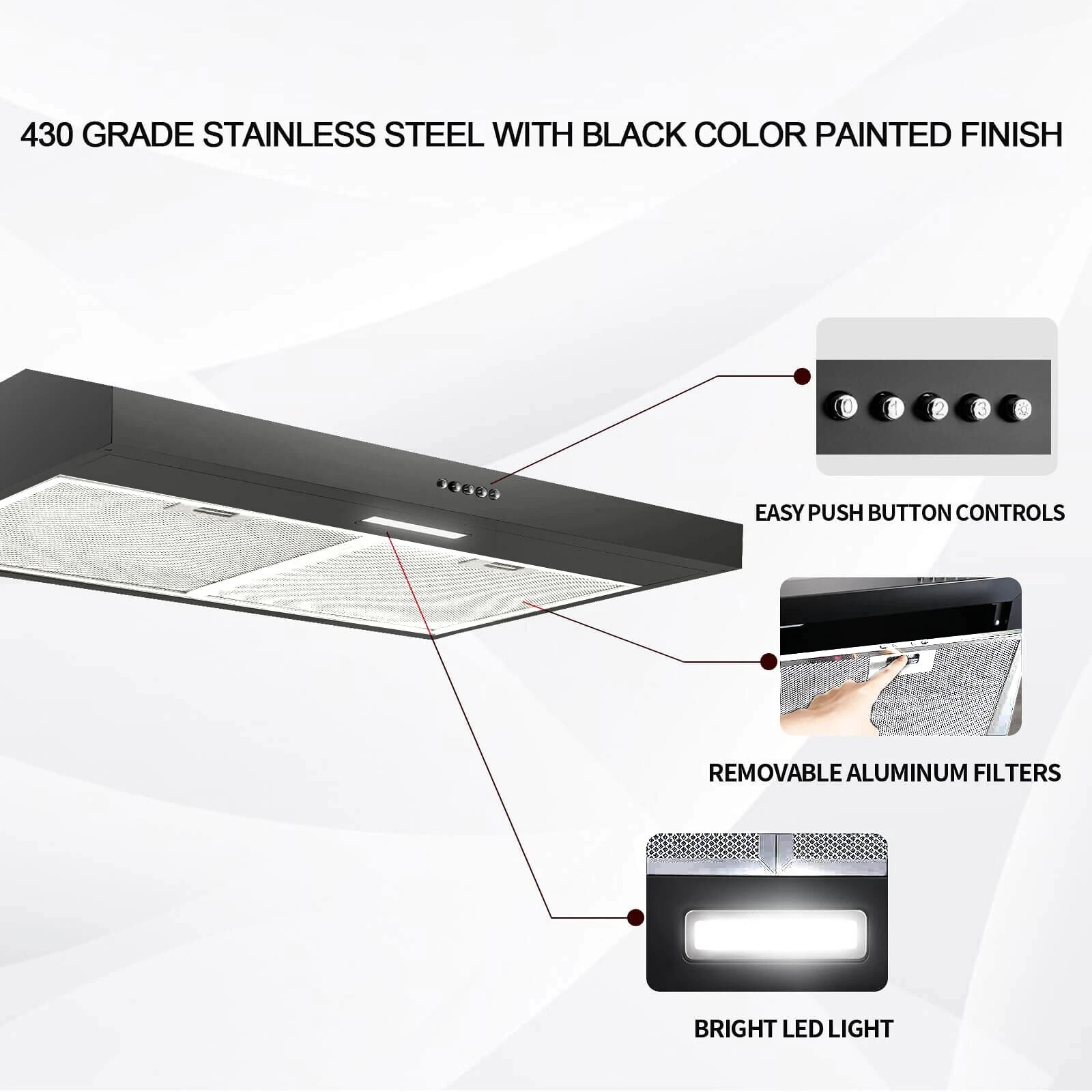 Under Cabinet Range Hood 30 inch with Charcoal Filter,Ductless Range Hood w/ 3 Speed Exhaust Fan,Stainless Steel Black Range Hood w/LED Light,Push Button,Under Cabinet Kitchen Hood